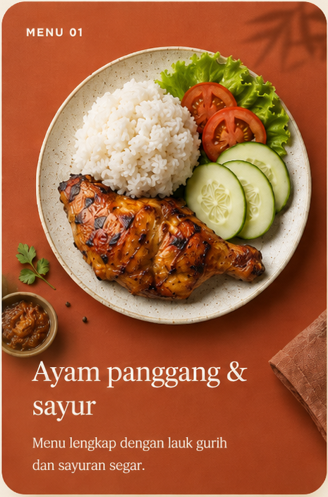 Menu 01: nasi porang dengan ayam panggang dan sayur