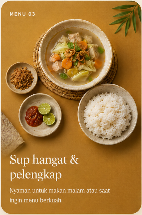 Menu 03: nasi porang dengan sup hangat dan pelengkap