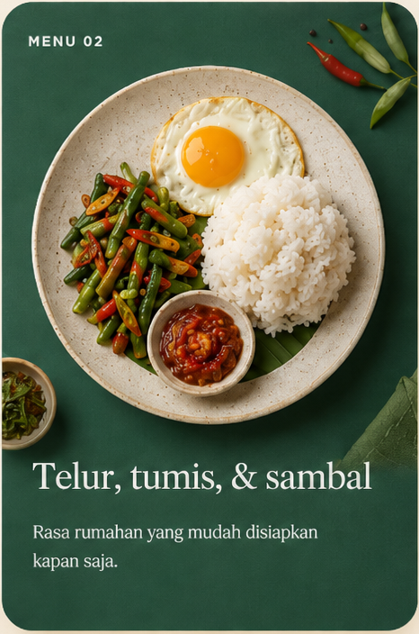 Menu 02: nasi porang dengan telur, tumis sayur, dan sambal